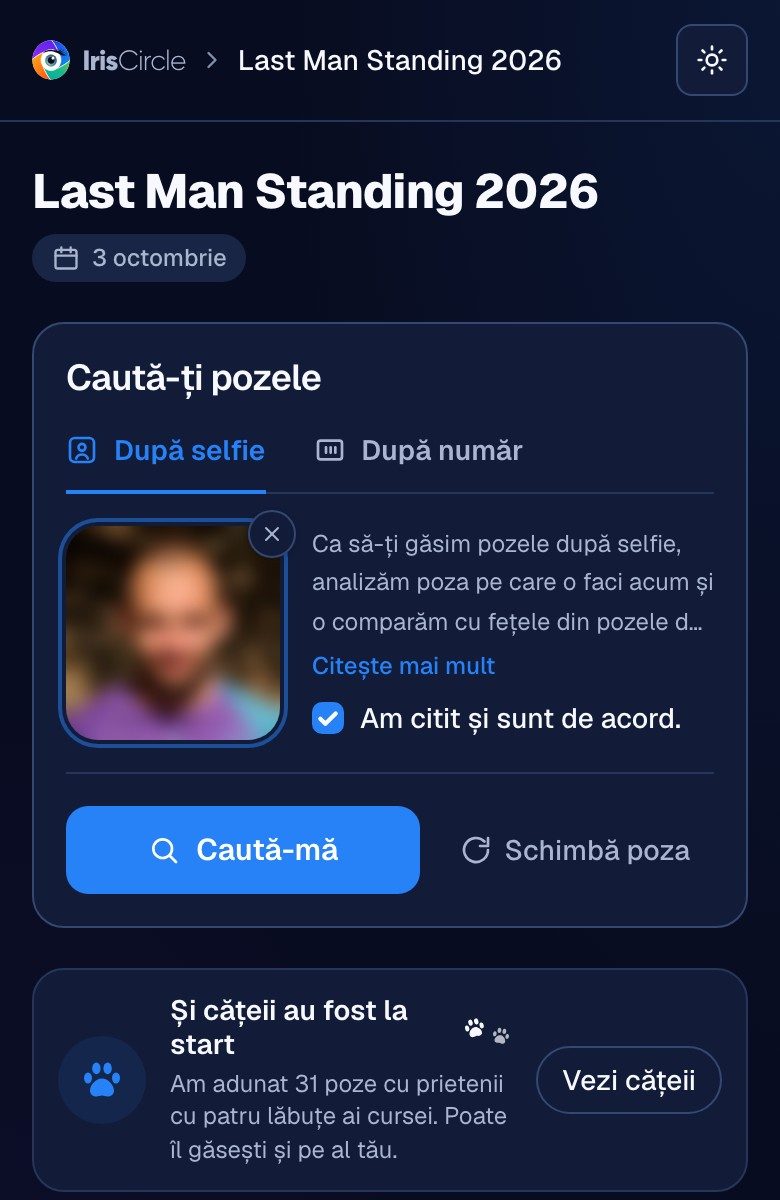 Galeria unei competiții pe telefon, cu căutarea după selfie